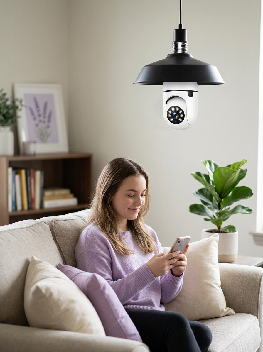 Young woman relaxing at home with a Vixla smart bulb security camera installed above her